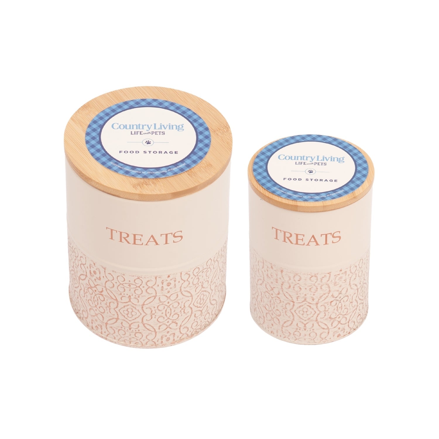 Country Living Dog Treat Canisters - Set of 2 Carbon Steel Jars with Bamboo Lids – White Swan by American Pet Supplies