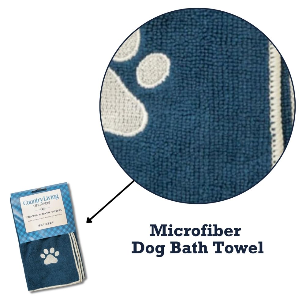 Country Living Large Marine Blue Microfiber Dog Bath Towel with Embroidered Paw Print by American Pet Supplies