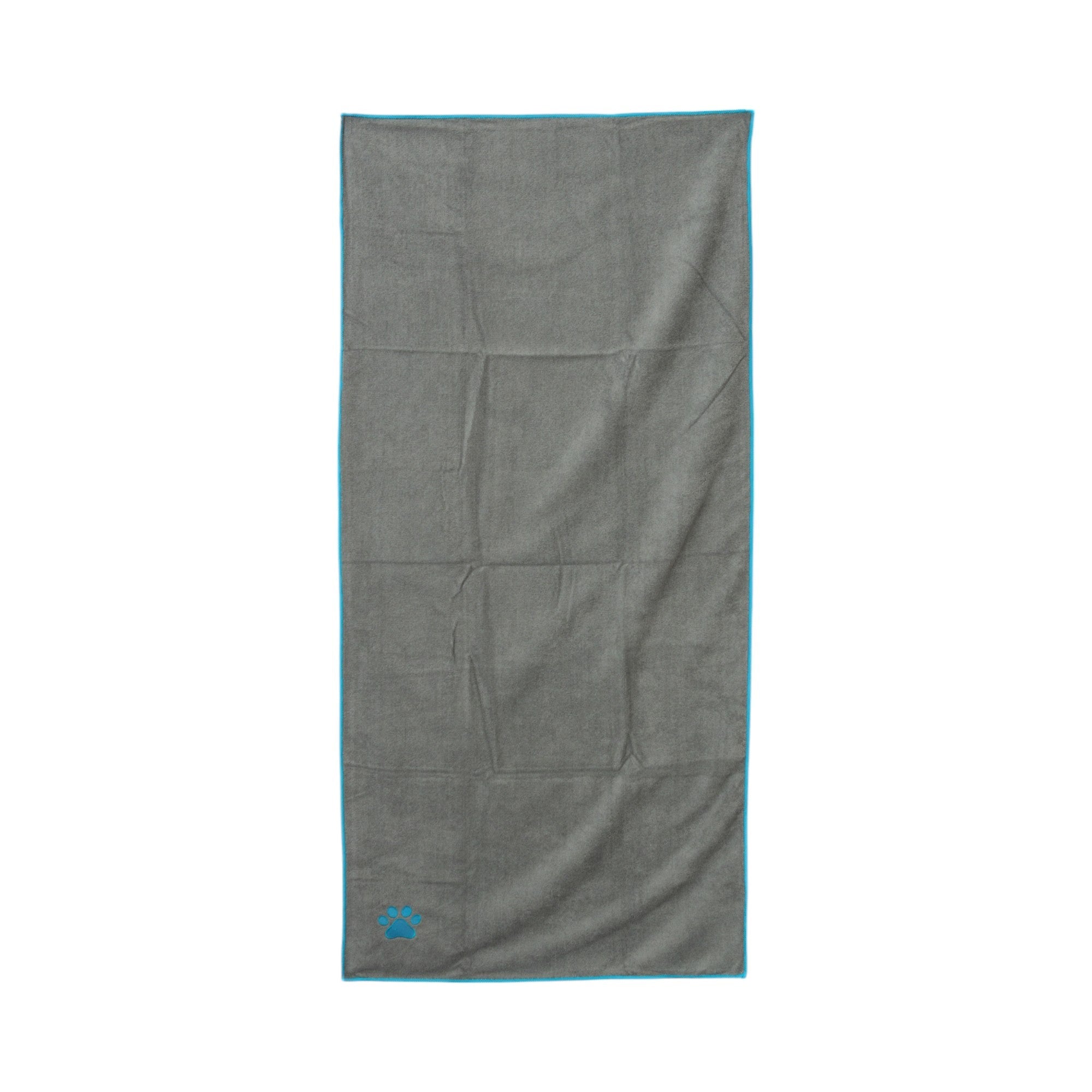 Country Living Large Gray Microfiber Dog Bath Towel with Teal Embroidered Paw Print by American Pet Supplies