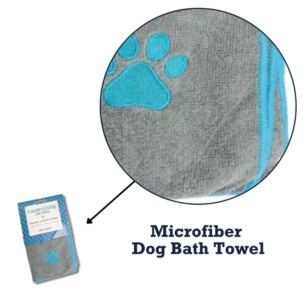Country Living Large Gray Microfiber Dog Bath Towel with Teal Embroidered Paw Print by American Pet Supplies