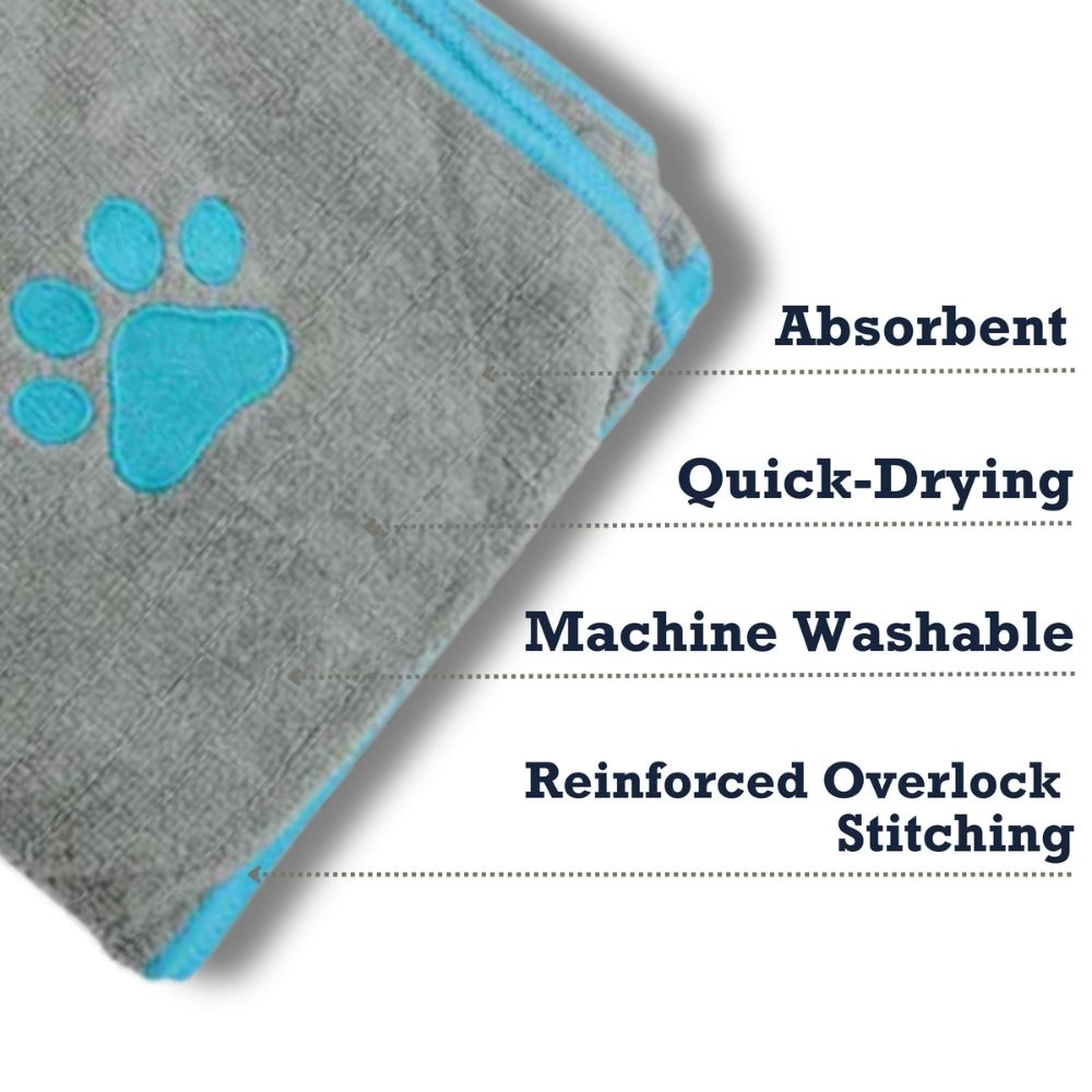 Country Living Large Gray Microfiber Dog Bath Towel with Teal Embroidered Paw Print by American Pet Supplies