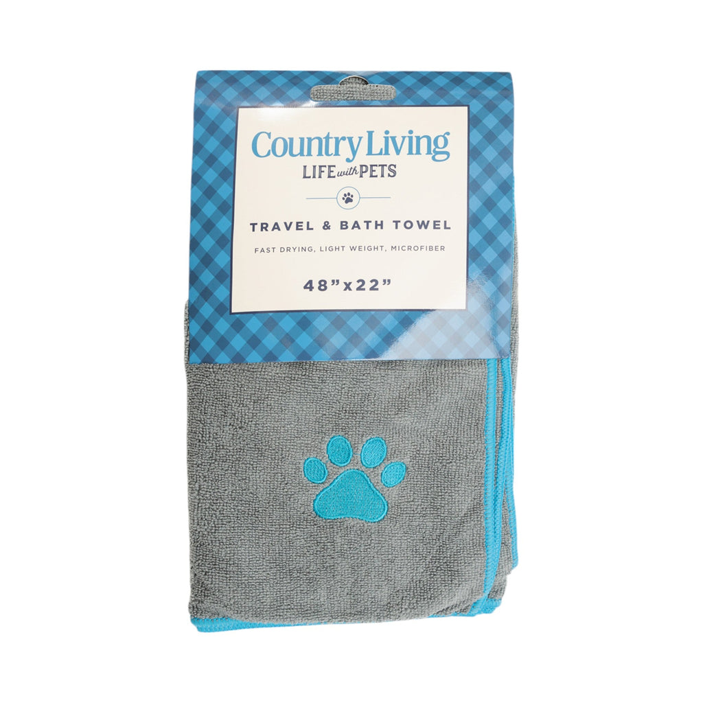 Country Living Large Gray Microfiber Dog Bath Towel with Teal Embroidered Paw Print by American Pet Supplies