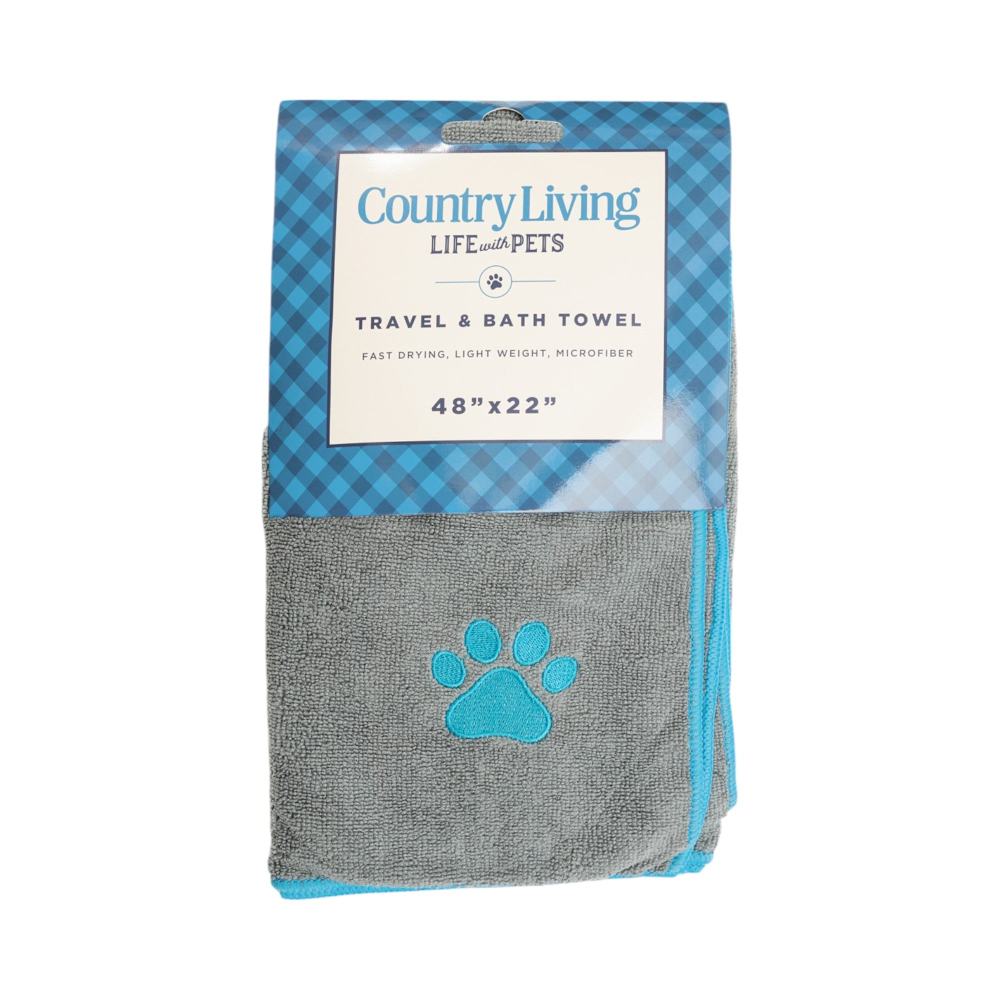Country Living Large Gray Microfiber Dog Bath Towel with Teal Embroidered Paw Print by American Pet Supplies