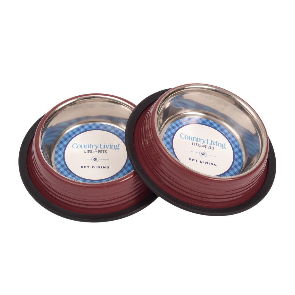 Country Living Set of 2 Ribbed Non-Slip Pet Bowls – Merlot Red by American Pet Supplies