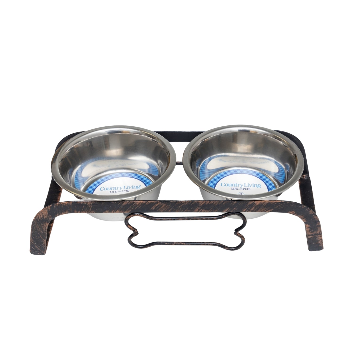 Country Living Rustic Dog Bone Elevated Feeder with 2 Stainless Steel Bowls by American Pet Supplies