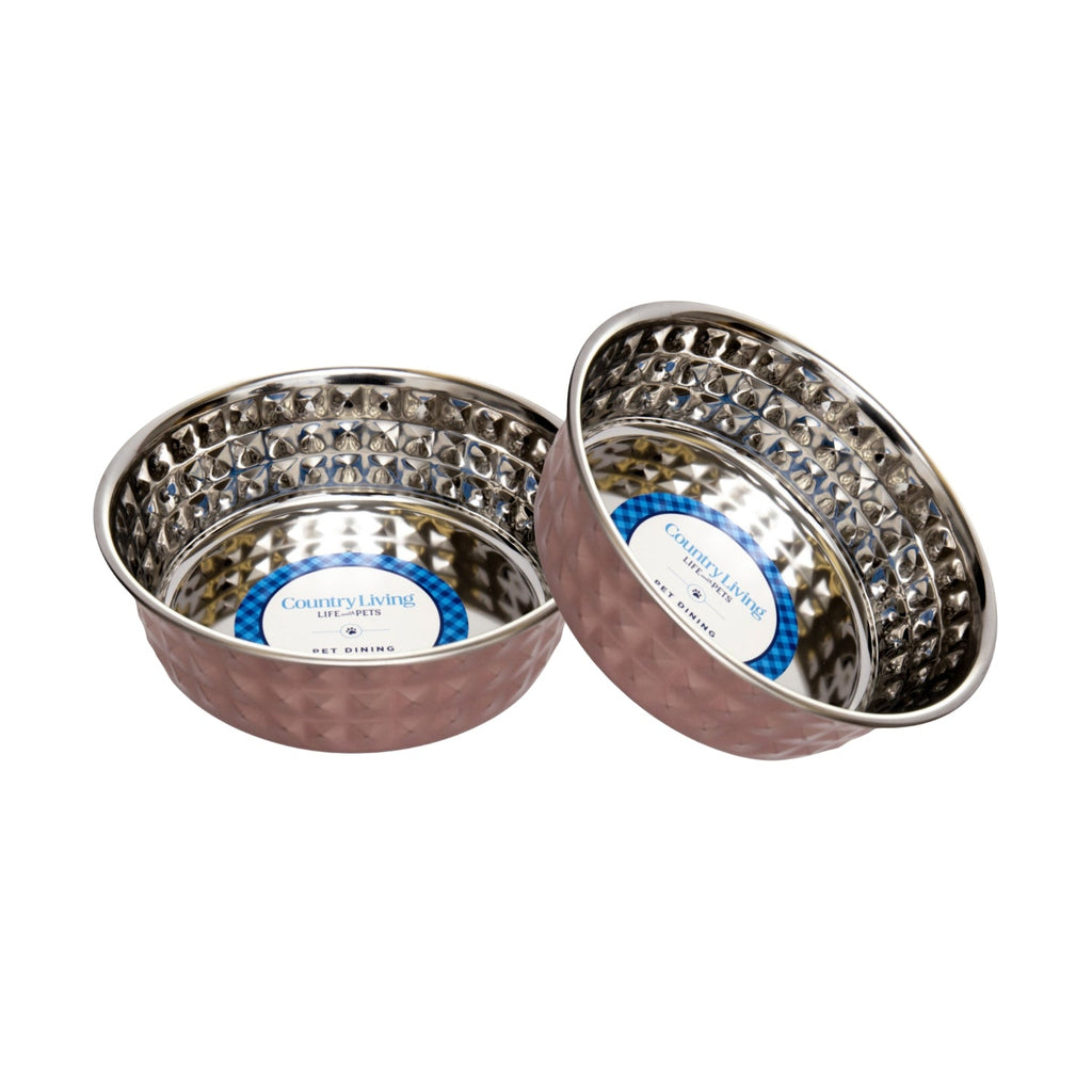 Country Living Set of 2 Hammered Stainless Steel Dog Bowls – Ideal for Extra Large Breeds – Rose Quartz/64oz by American Pet Supplies