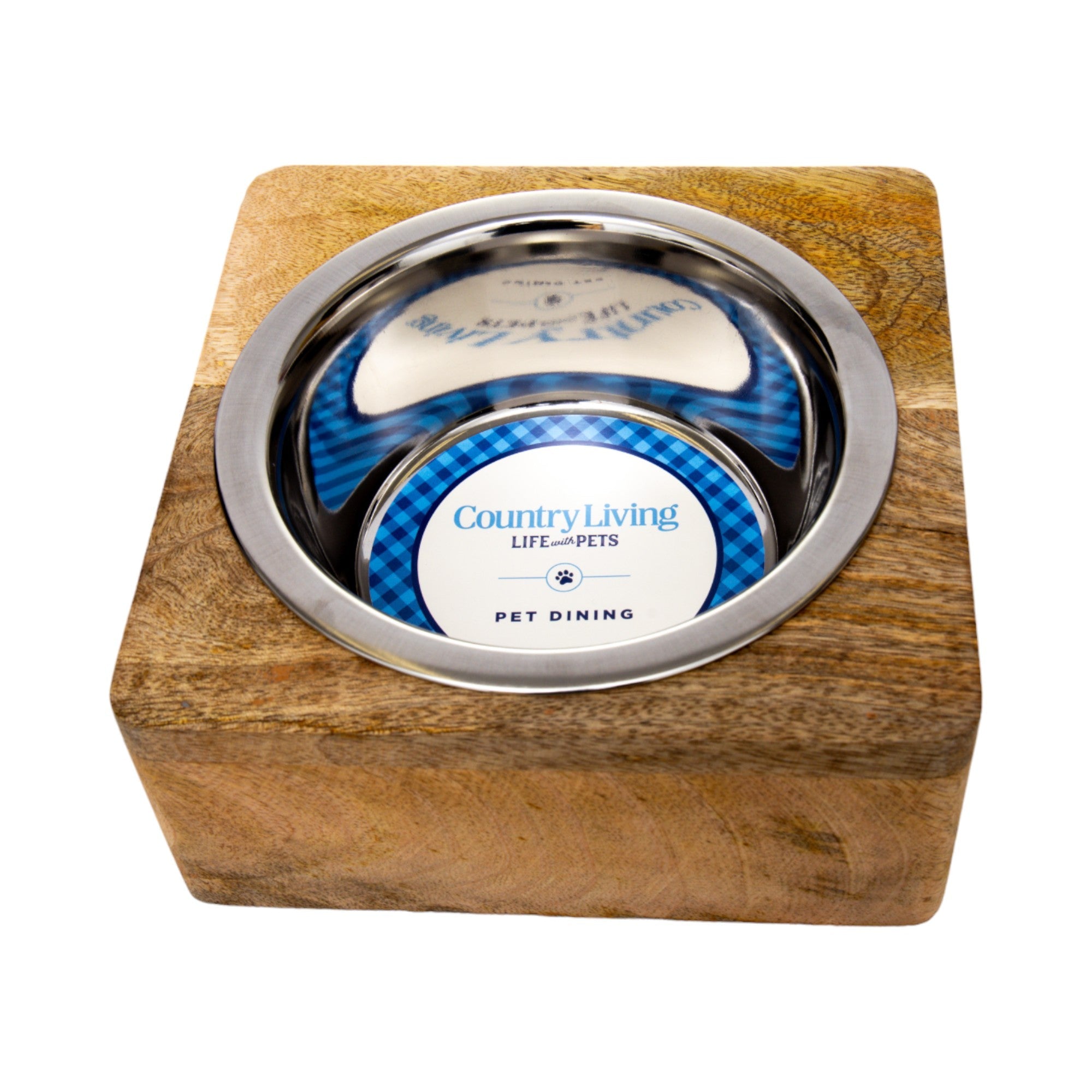 Country Living Elegant Stainless Steel Dog Bowl with Square Mango Wood Holder – 1 Quart by American Pet Supplies