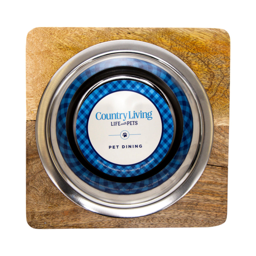 Country Living Elegant Stainless Steel Dog Bowl with Square Mango Wood Holder – 1 Quart by American Pet Supplies