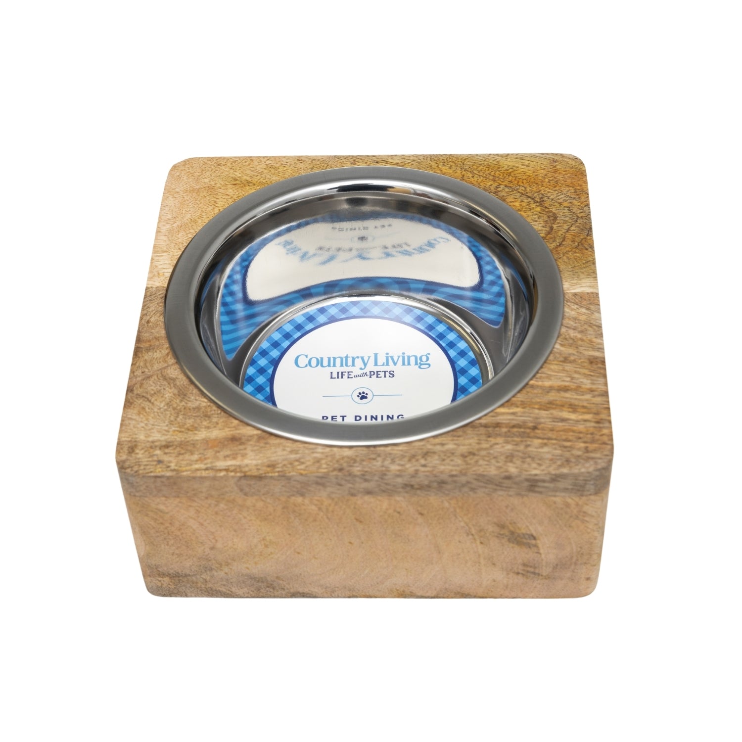 Country Living Elegant Stainless Steel Dog Bowl with Square Mango Wood Holder – 1 Quart by American Pet Supplies