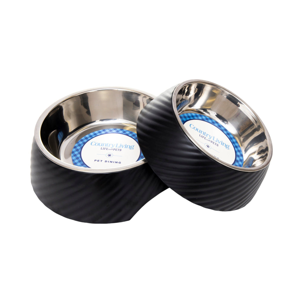 Country Living Set of 2 Round Twill Melamine Dog Bowls with Removable Stainless Steel Inserts – Black by American Pet Supplies