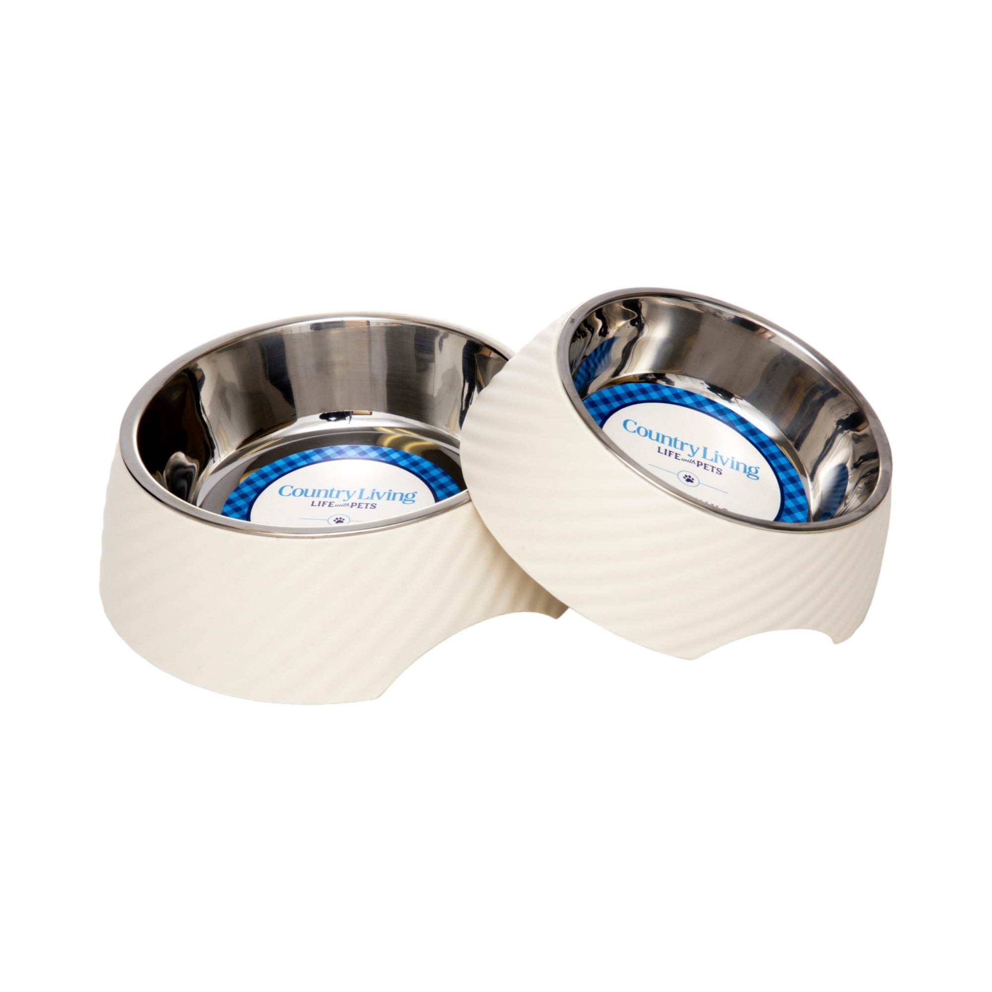 Country Living Set of 2 Round Twill Melamine Dog Bowls with Removable Stainless Steel Inserts – White Swan by American Pet Supplies