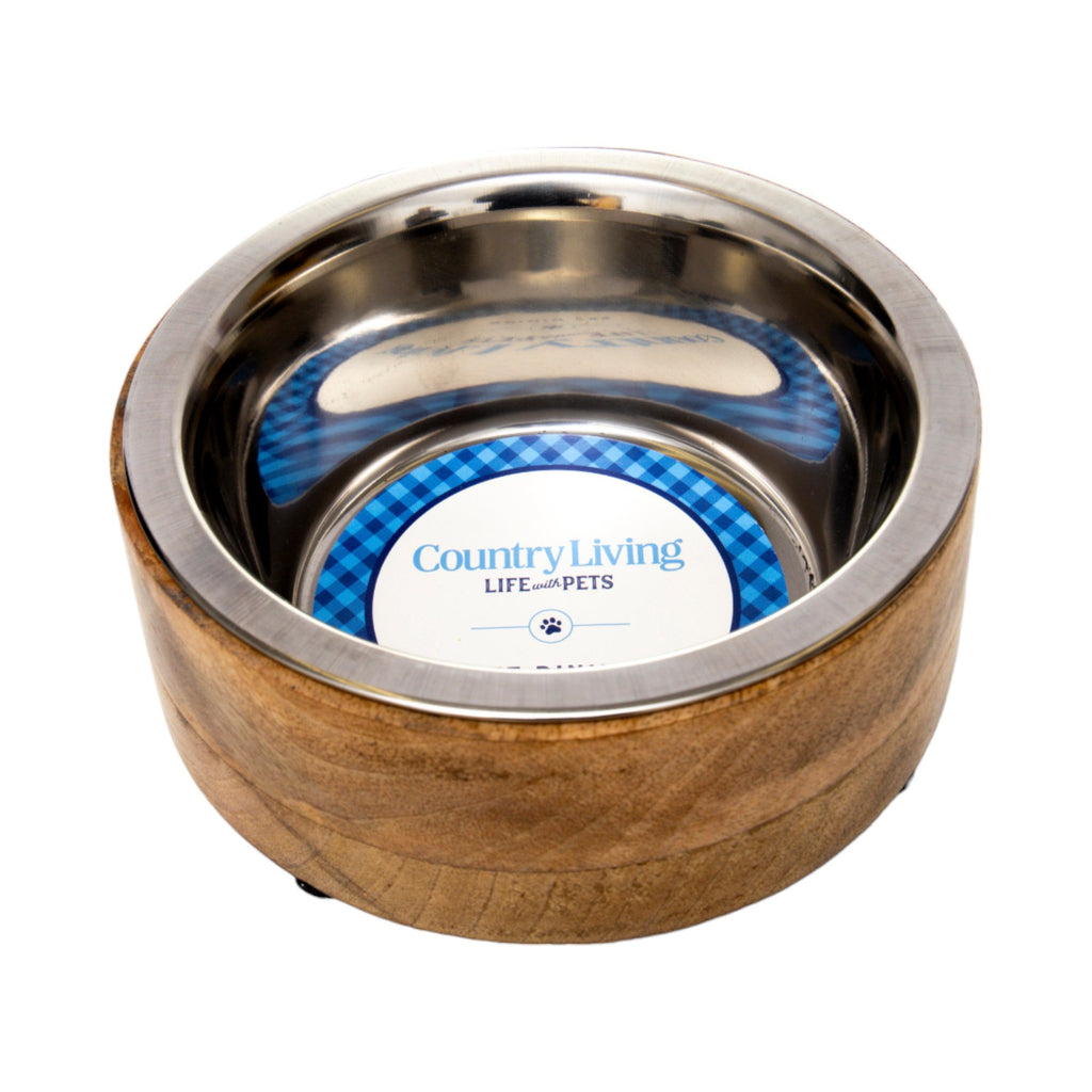 Country Living Stainless Steel Dog Bowl with Cylindrical Mango Wood Holder by American Pet Supplies