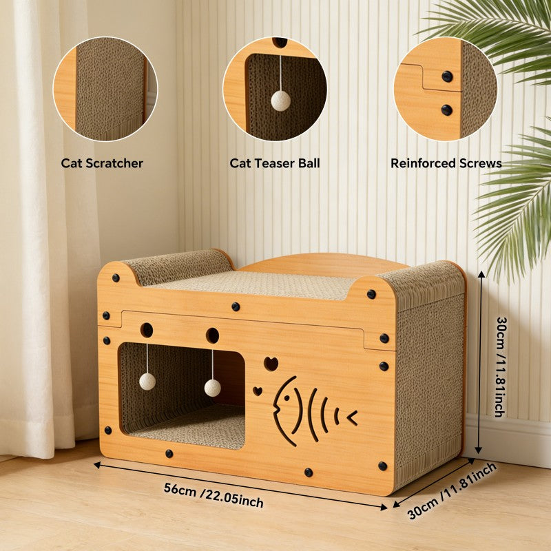 Fish Shape Cat Scratcher Sofa, With 2 Teaser Balls, Wood -Corrugated Scratcher by Love My Pet