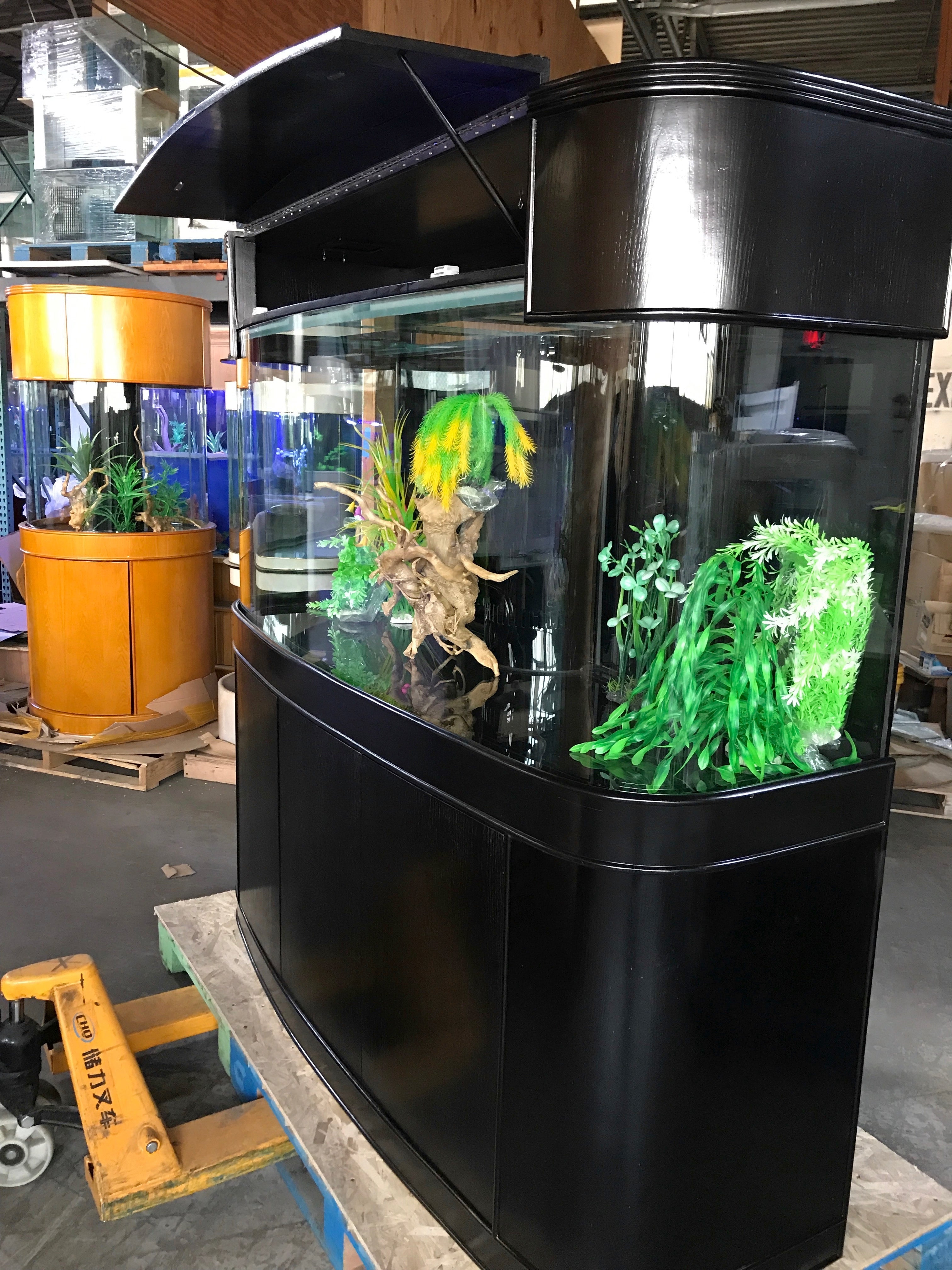 SLEEK 215 Gallon Seamless Glass Bowfront Reef-Ready Aquarium in Black Real Wood Furniture by Northeast Aquariums LLC