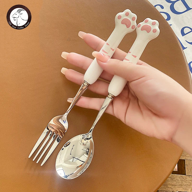 Stainless Steel Cute Cat Claw Ceramic Spoon and Fork by Love My Pet