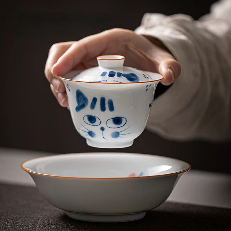Hand-painted Blue Cat Ceramic Bowl and Tea Set by Love My Pet