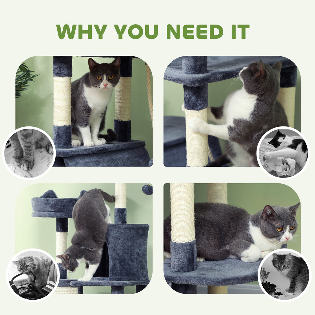 81" Cat Tree w/ Cat Scratching Posts, Scratching Board, Condos, Beds, Hammocks, Toy Balls, Rope Cat Toy, Gray by VetsPetStore