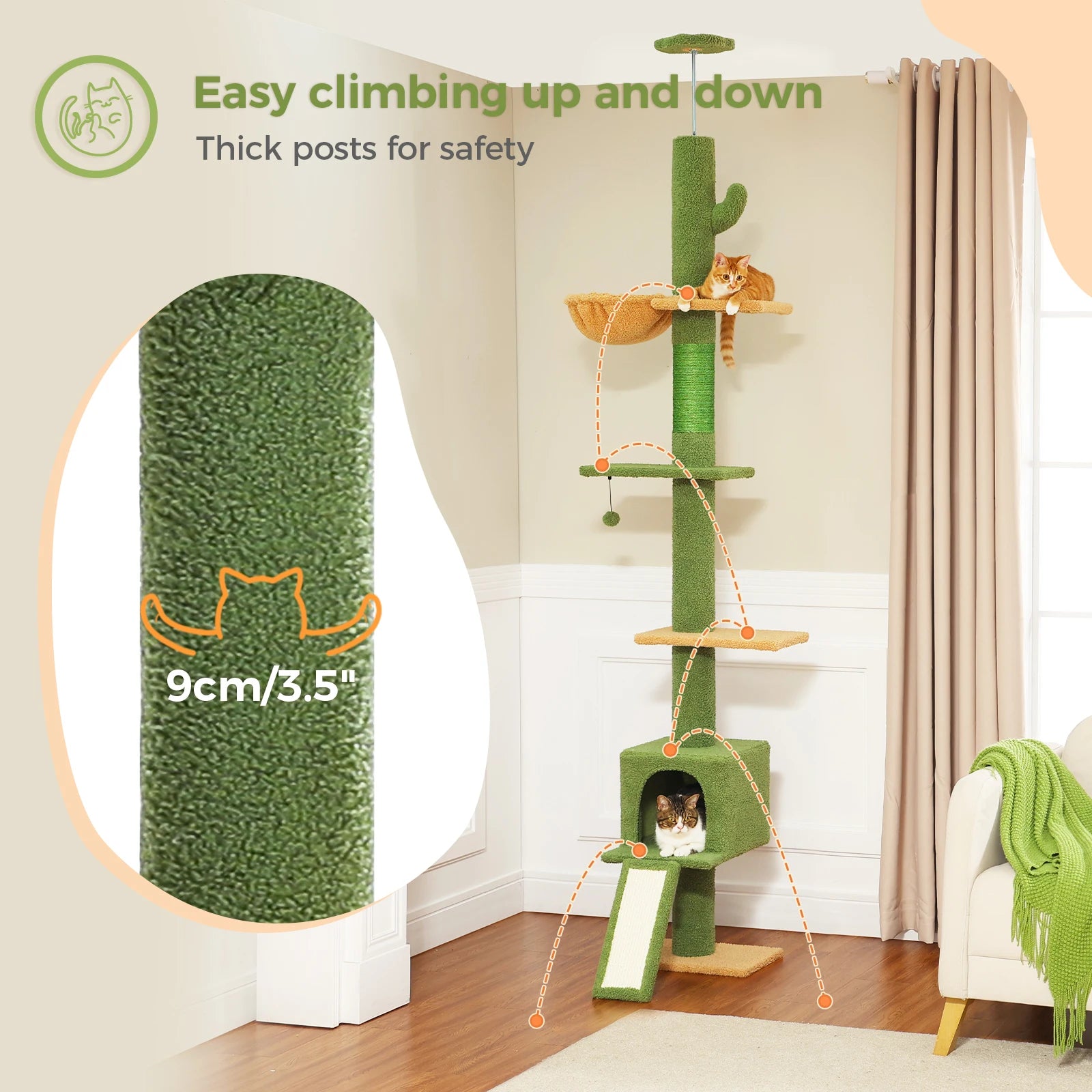 Adjustable 210-274CM Floor to Ceiling Cat Tower 5 Tiers