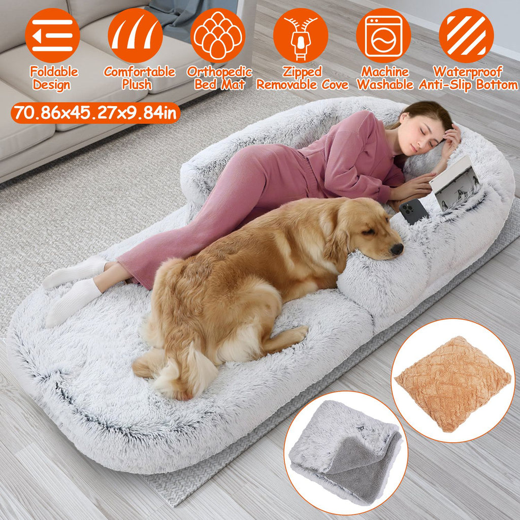1Pc Large Foldable Human Size Dog Bed With Pillow Blanket, Washable, Zipper Removable Cover For Pets Grey 71x45x10in