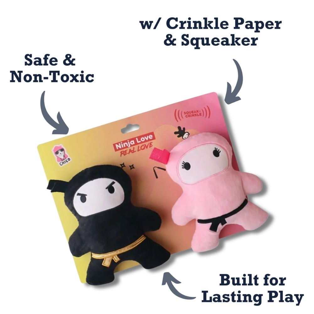 Pink & Black Ninja Love Plush Dog Toy Gift Set – with Squeaker & Crinkle Paper for Fun Play by American Pet Supplies
