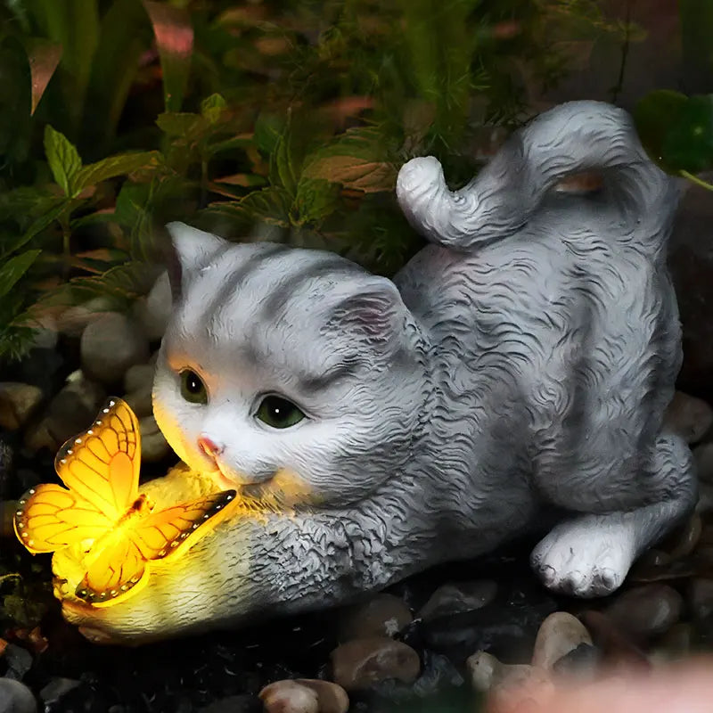 Solar Light Butterfly And Cat Resin Outdoor Sculpture by Love My Pet