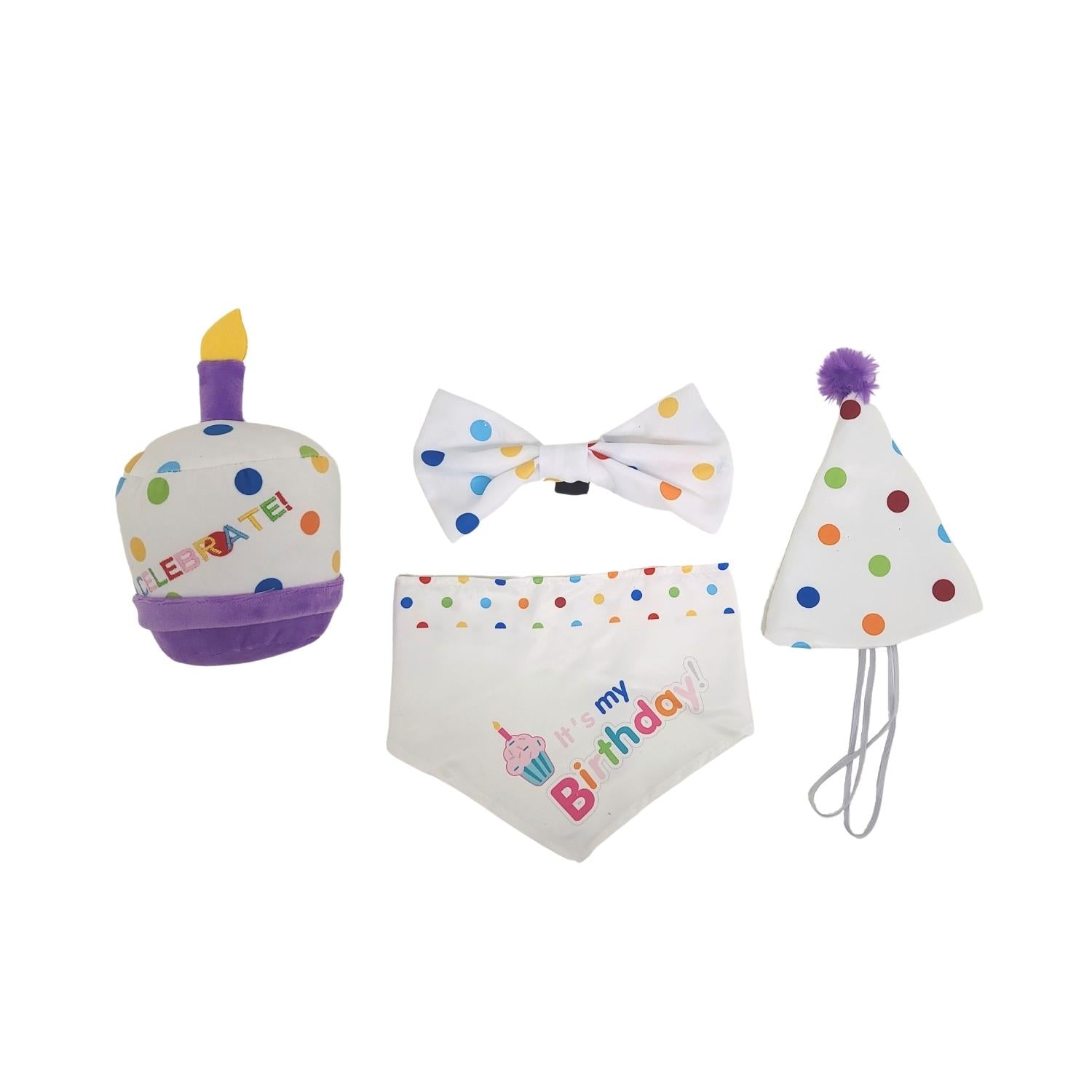 4-Piece Dog Birthday Kit – Celebrate in Style with Bandana, Hat, Bow Tie & Plush Toy by American Pet Supplies