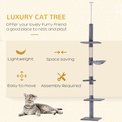 PawHut 9' Adjustable Height Floor-To-Ceiling Vertical Cat Tree - Grey And White by Amazing Pet Bargains