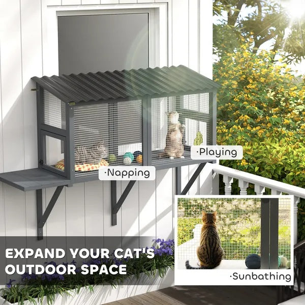 Wooden Cat Catio, Outdoor Cat Enclosure Window Perch With Jumping Platform