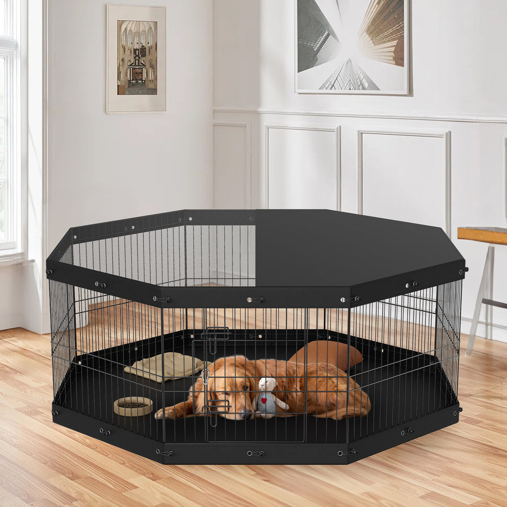 Dog Playpen, 8 Panels Foldable Metal Dog Exercise Pen With Top Cover And Bottom Pad, 24in H by VetsPetStore