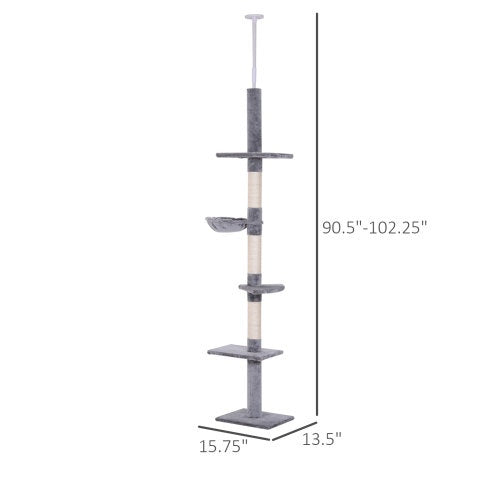 PawHut 9' Adjustable Height Floor-To-Ceiling Vertical Cat Tree - Grey And White by Amazing Pet Bargains