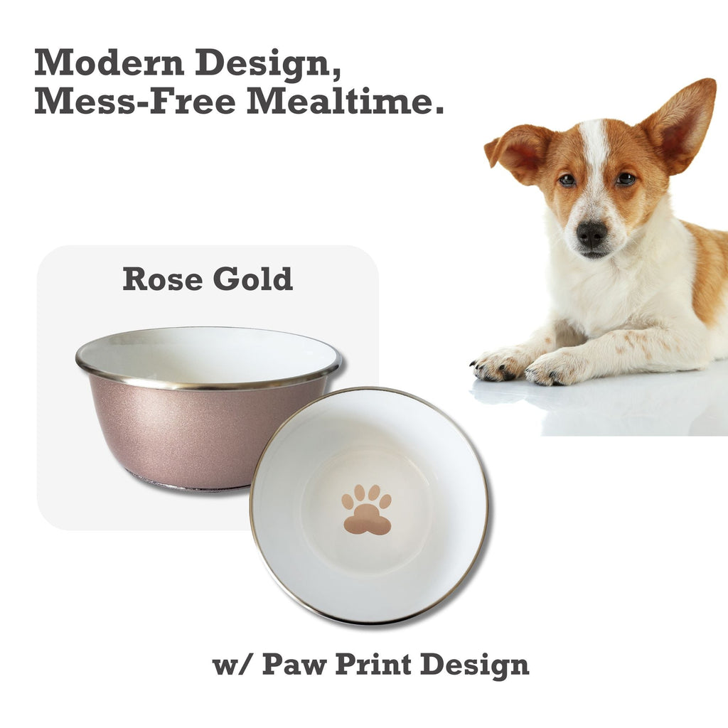 Deep Dog Bowl with Paw Print Design – Stainless Steel Bowl, Ideal for Small, Medium to Large Dogs – Rose Gold by American Pet Supplies