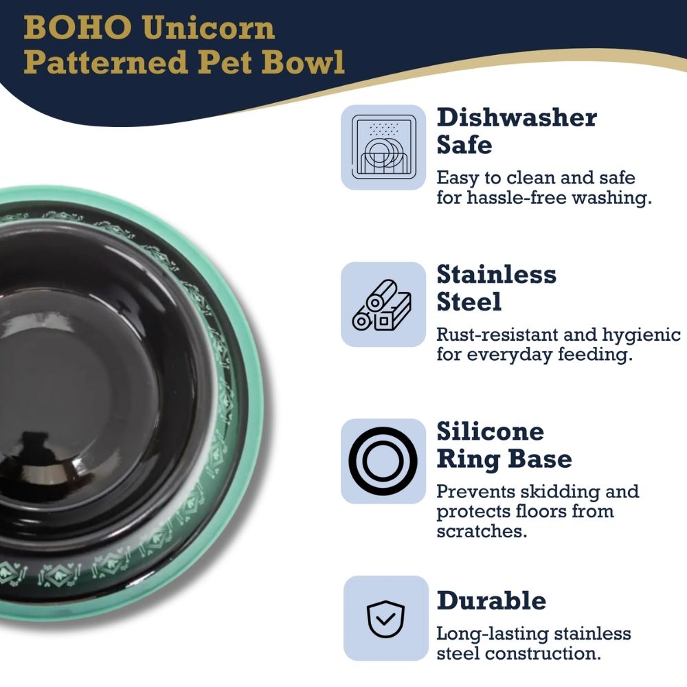 Non-Skid Boho Stainless Steel Dog Bowl – with Whimsical Unicorn Design, Silicone Base for Medium Dogs – 24oz by American Pet Supplies