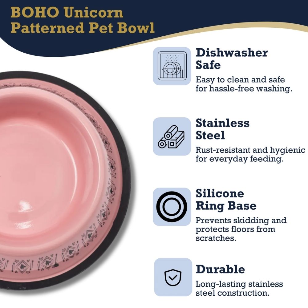 Non-Skid Boho Stainless Steel Dog Bowl – with Whimsical Unicorn Design, Silicone Base for Medium Dogs – 24oz by American Pet Supplies