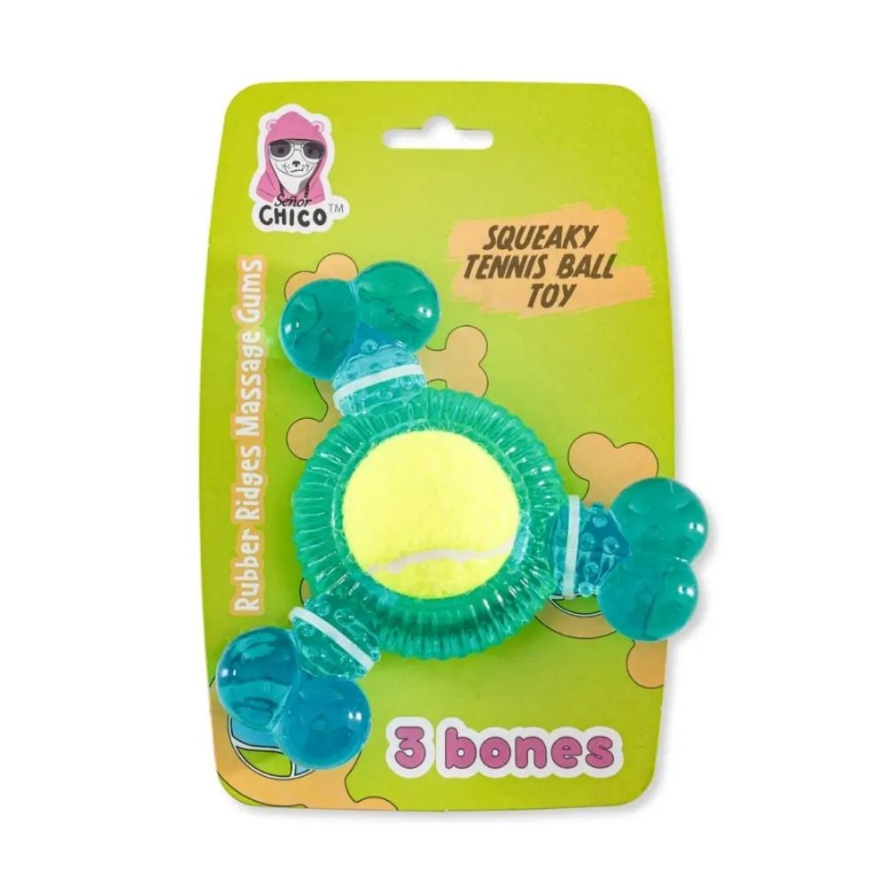 3-Bone TPR Chew Toy with Squeaker & Tennis Ball for Dogs – Removable Ball & Interactive Play by American Pet Supplies