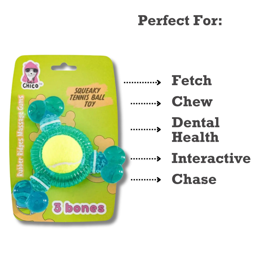 3-Bone TPR Chew Toy with Squeaker & Tennis Ball for Dogs – Removable Ball & Interactive Play by American Pet Supplies