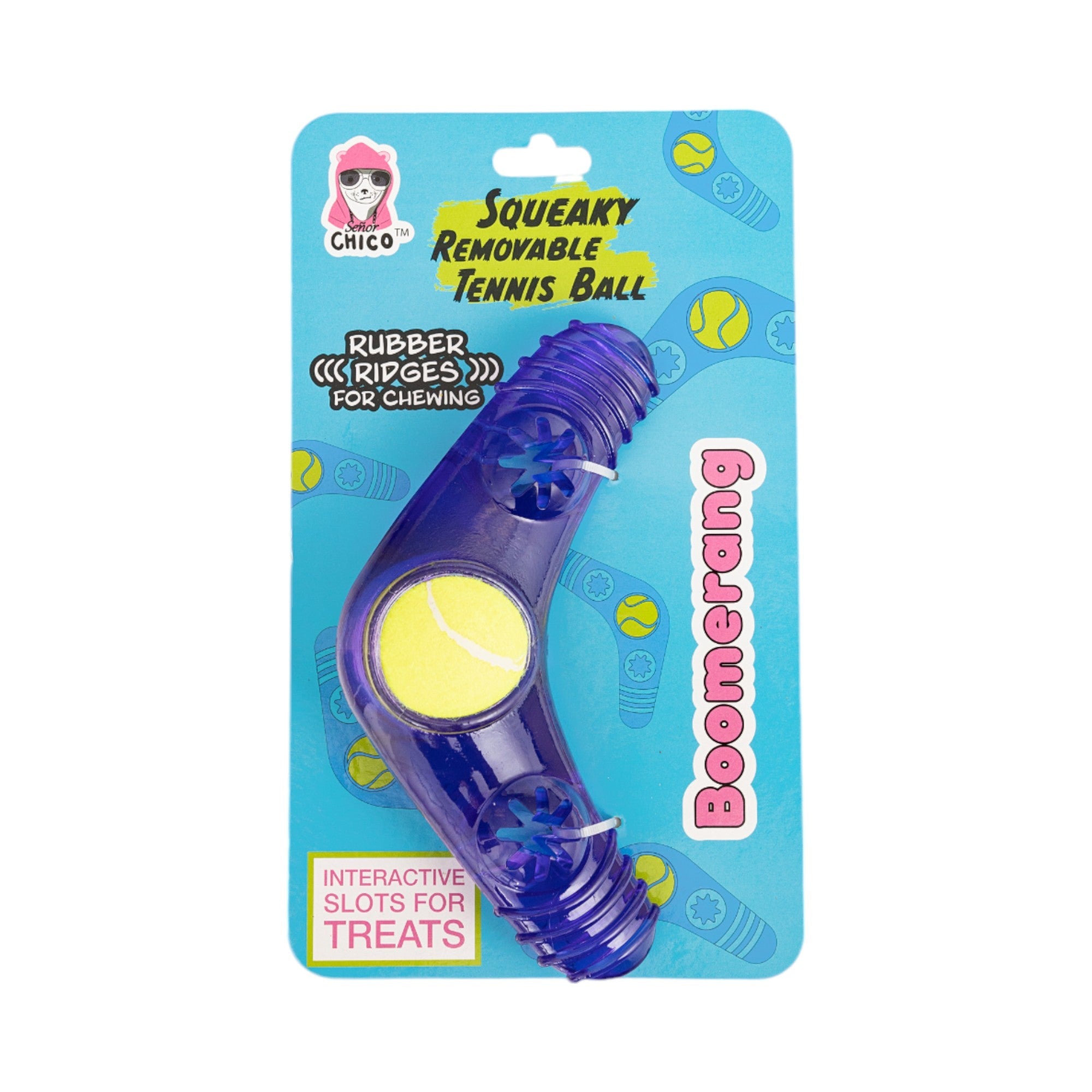 TPR Boomerang Dog Chew Toy with Removable Squeaker Tennis Ball & Treat Fill by American Pet Supplies