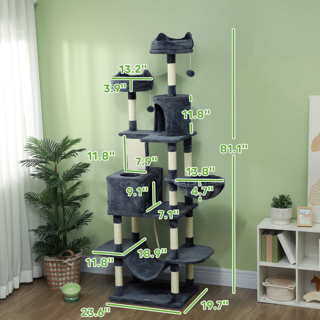 81" Cat Tree w/ Cat Scratching Posts, Scratching Board, Condos, Beds, Hammocks, Toy Balls, Rope Cat Toy, Gray by VetsPetStore