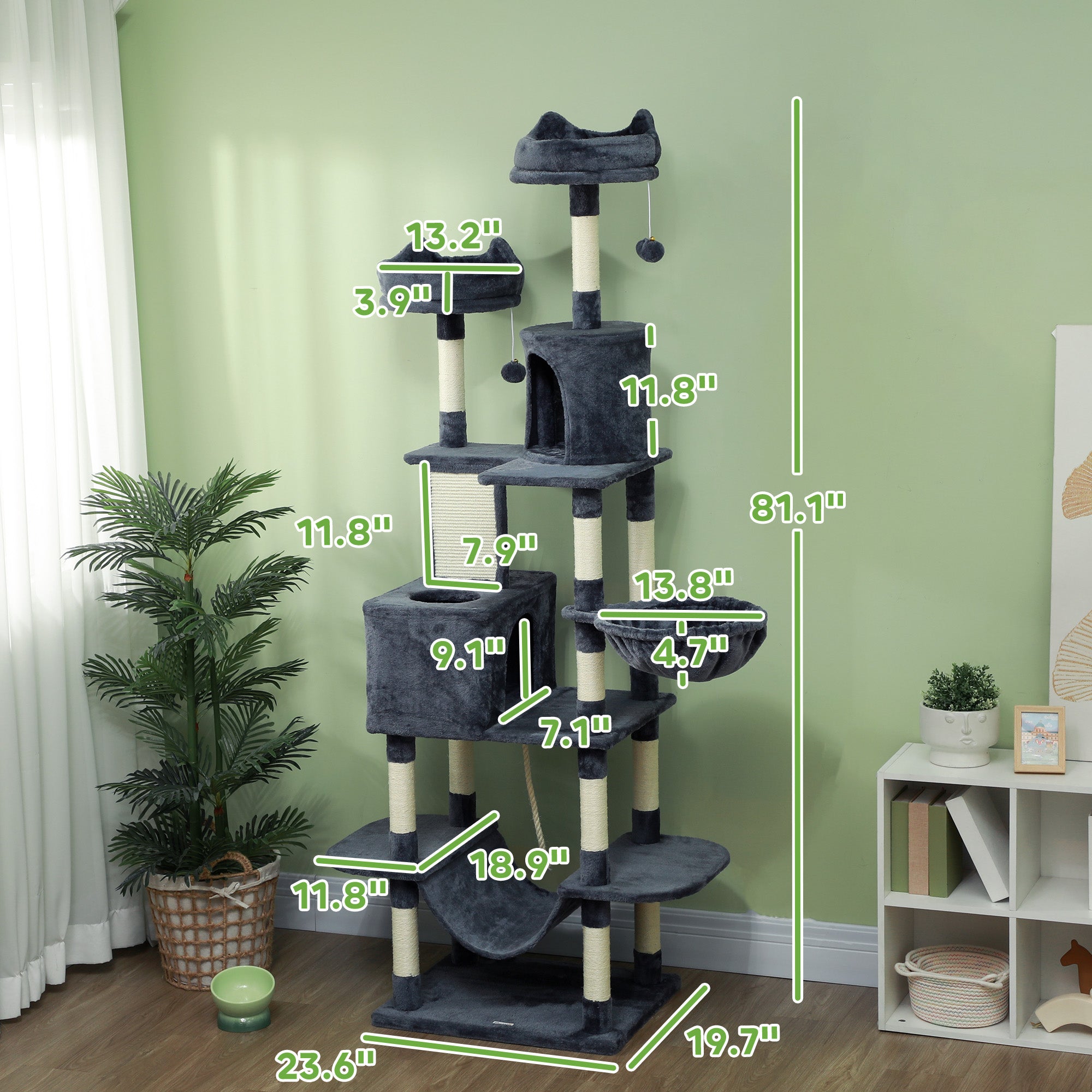 81" Cat Tree w/ Cat Scratching Posts, Scratching Board, Condos, Beds, Hammocks, Toy Balls, Rope Cat Toy, Gray by VetsPetStore