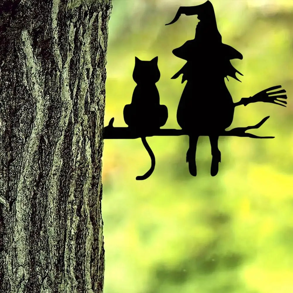 Iron Silhouette Cute Witch And Cat Yard Art Decor