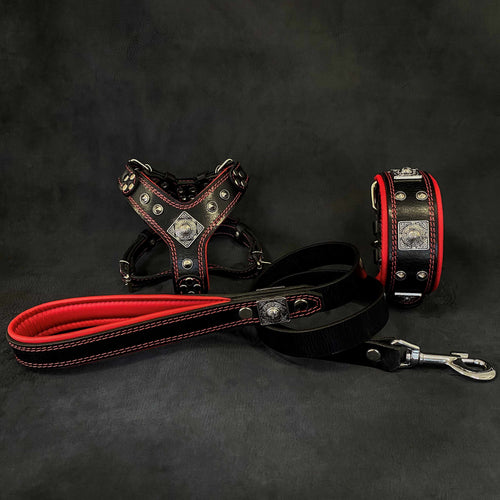 "EROS" Small to Medium dog SET - Harness - collar - lead Black&Red by Bestia Dog Gear