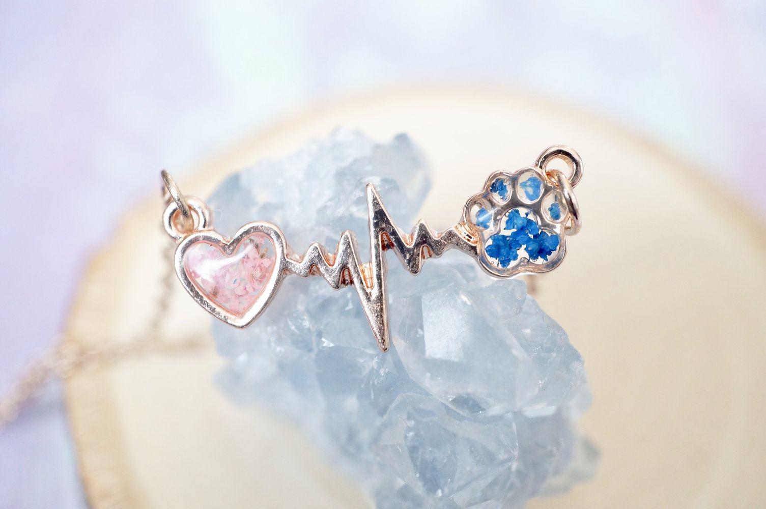 Real Pressed Flowers in Resin, Gold Dog Necklace in Blue and Pink by Furr Baby Gifts