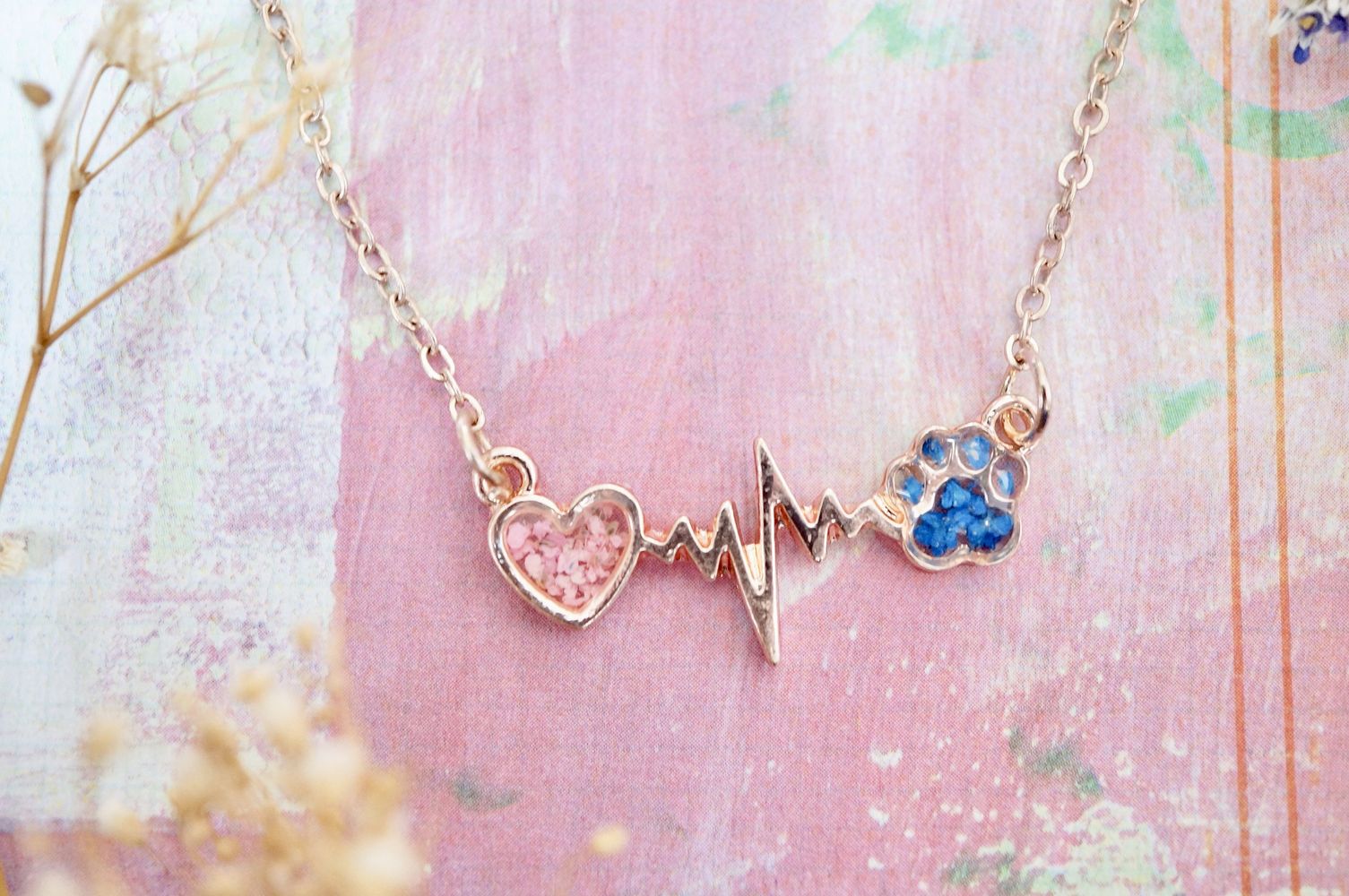 Real Pressed Flowers in Resin, Gold Dog Necklace in Blue and Pink by Furr Baby Gifts