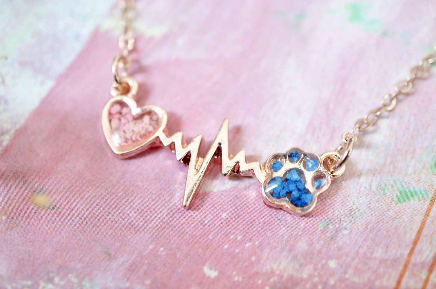 Real Pressed Flowers in Resin, Gold Dog Necklace in Blue and Pink by Furr Baby Gifts