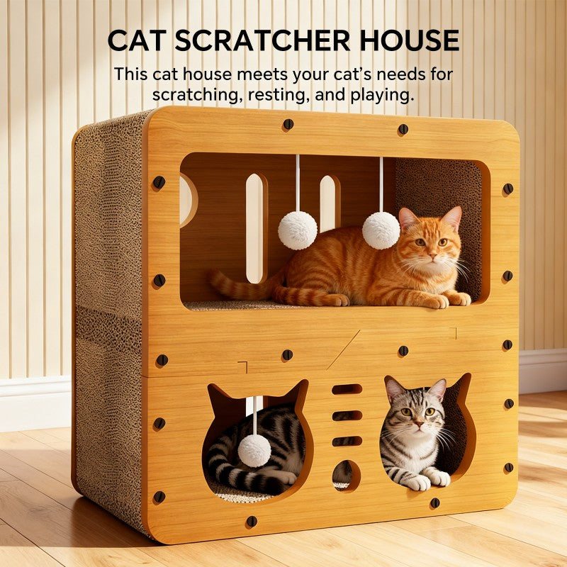 Cat Scratcher Sofa, With 4 Teaser Balls, Wood -Corrugated Scratcher by VetsPetStore