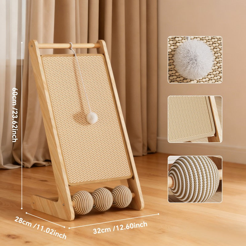 Large Vertical Sisal Cat Scratcher with Balls, Wooden Frame - Sisal Scratching Surface by VetsPetStore
