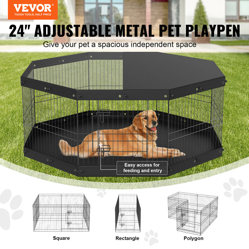 Dog Playpen, 8 Panels Foldable Metal Dog Exercise Pen With Top Cover And Bottom Pad, 24in H by VetsPetStore