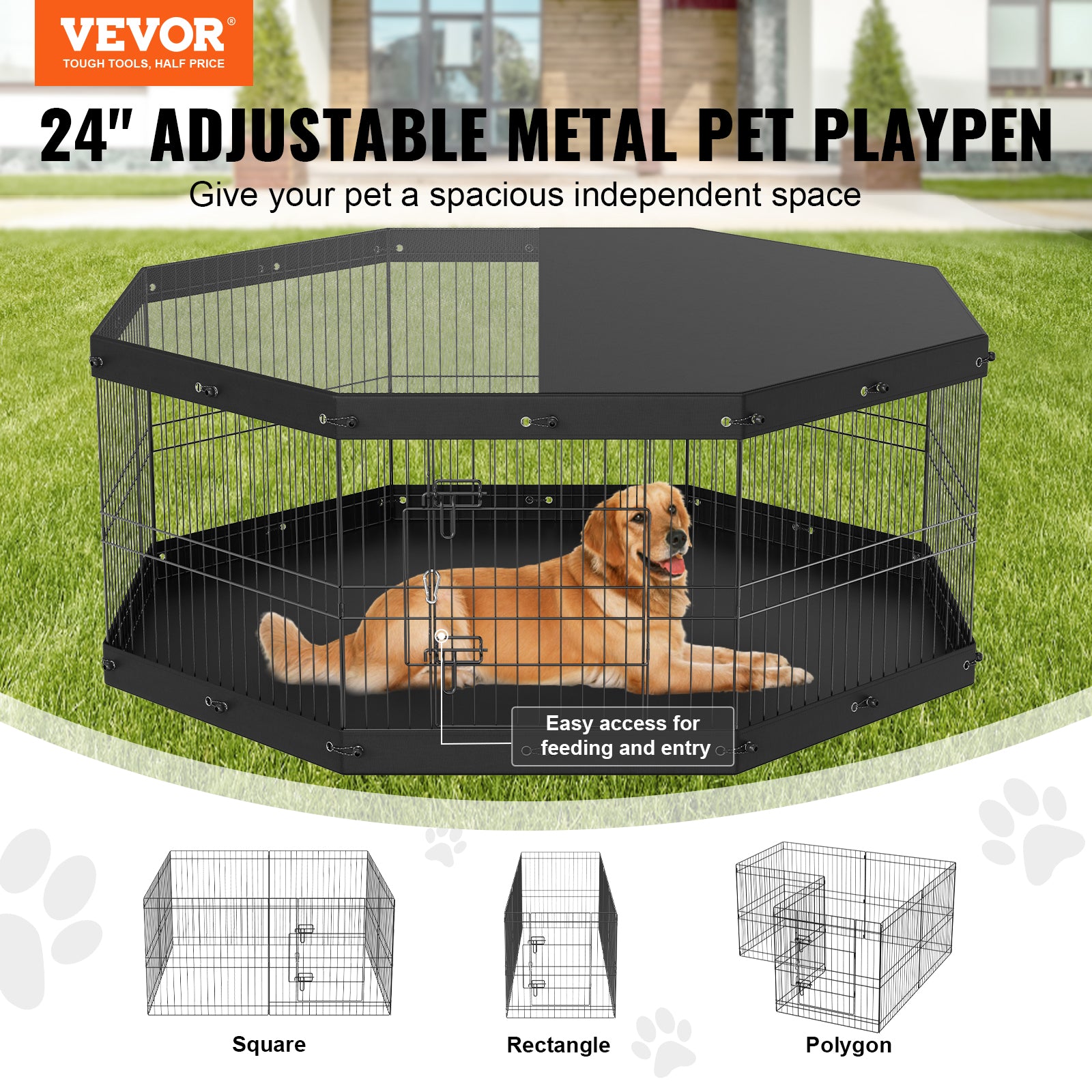 Dog Playpen, 8 Panels Foldable Metal Dog Exercise Pen With Top Cover And Bottom Pad, 24in H by VetsPetStore