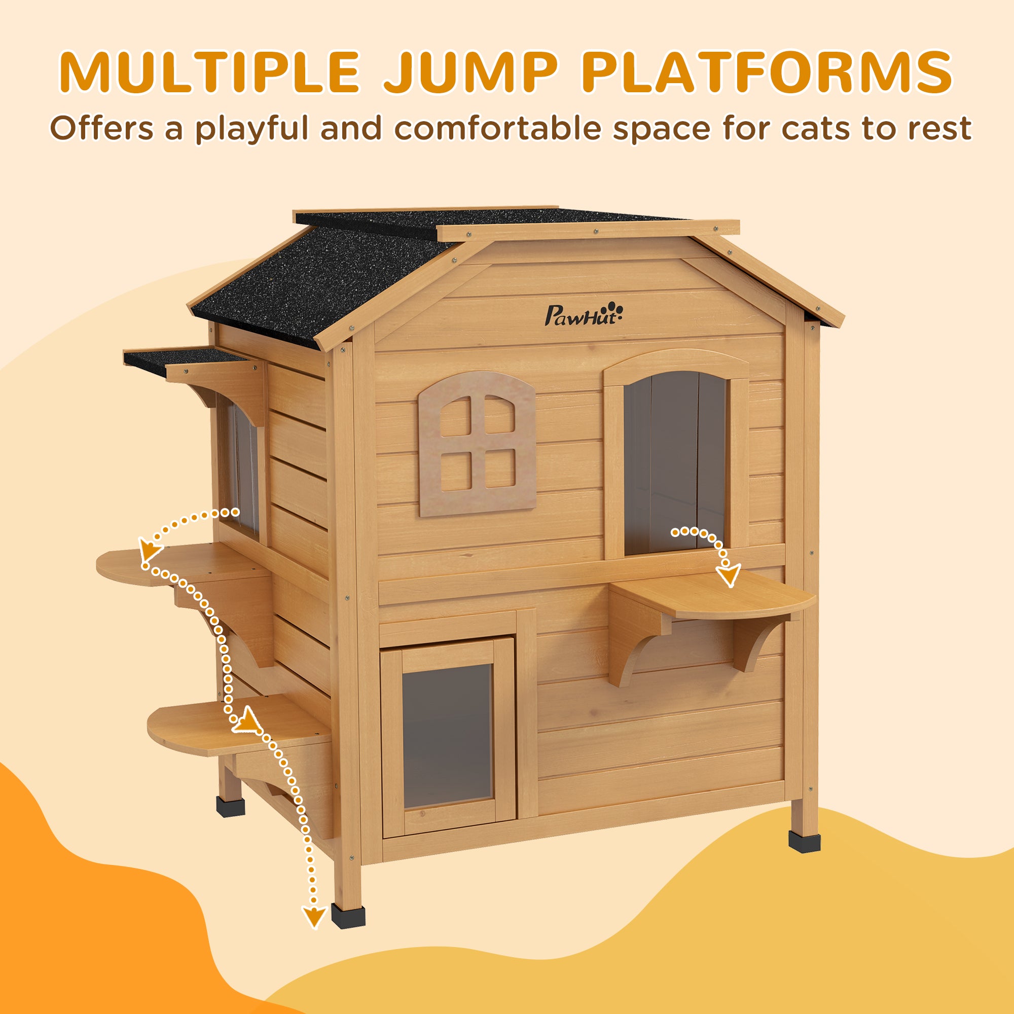 2-Story Wooden Outdoor Feral Cat Shelter With Escape Door Asphalt Roof by VetsPetStore