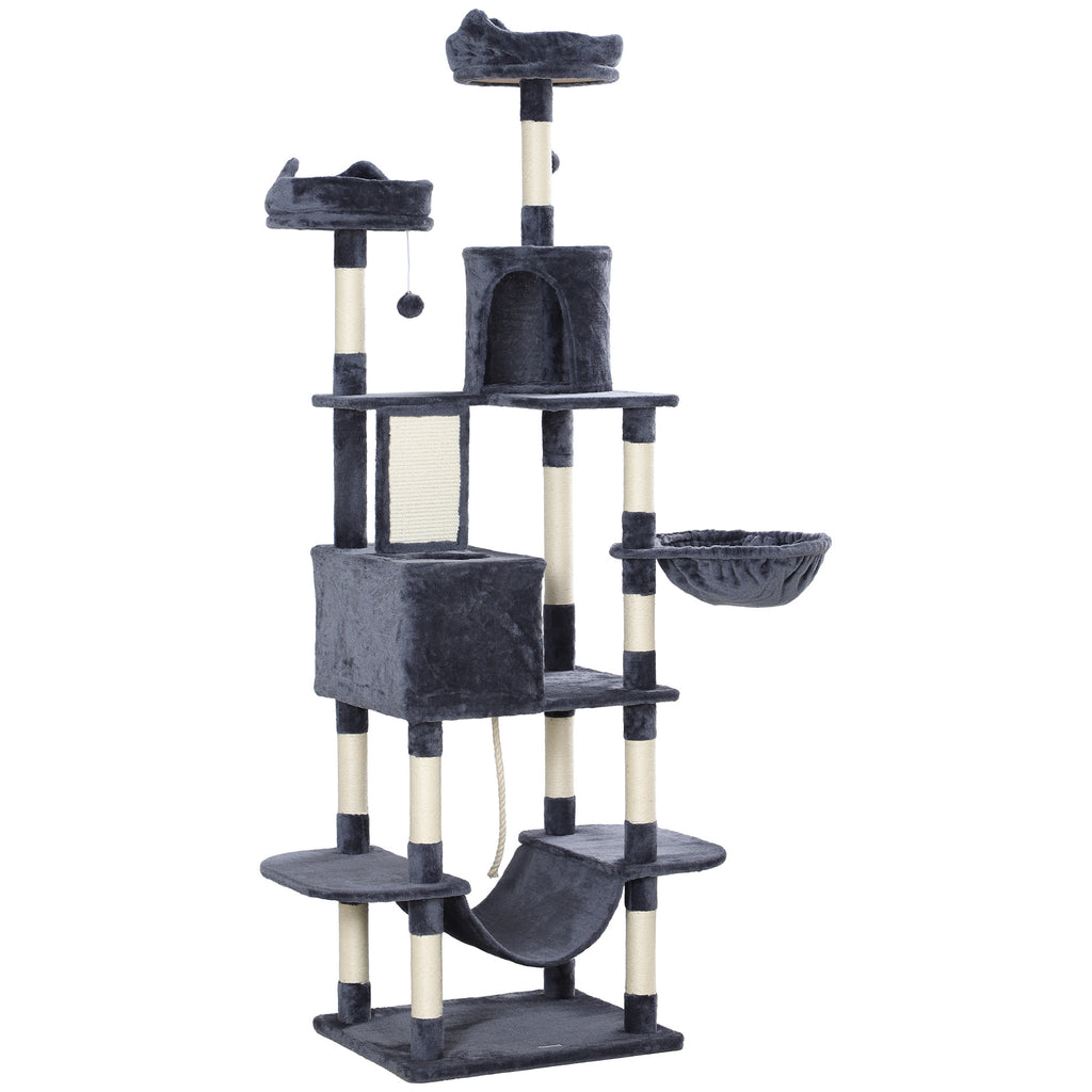81" Cat Tree w/ Cat Scratching Posts, Scratching Board, Condos, Beds, Hammocks, Toy Balls, Rope Cat Toy, Gray by VetsPetStore