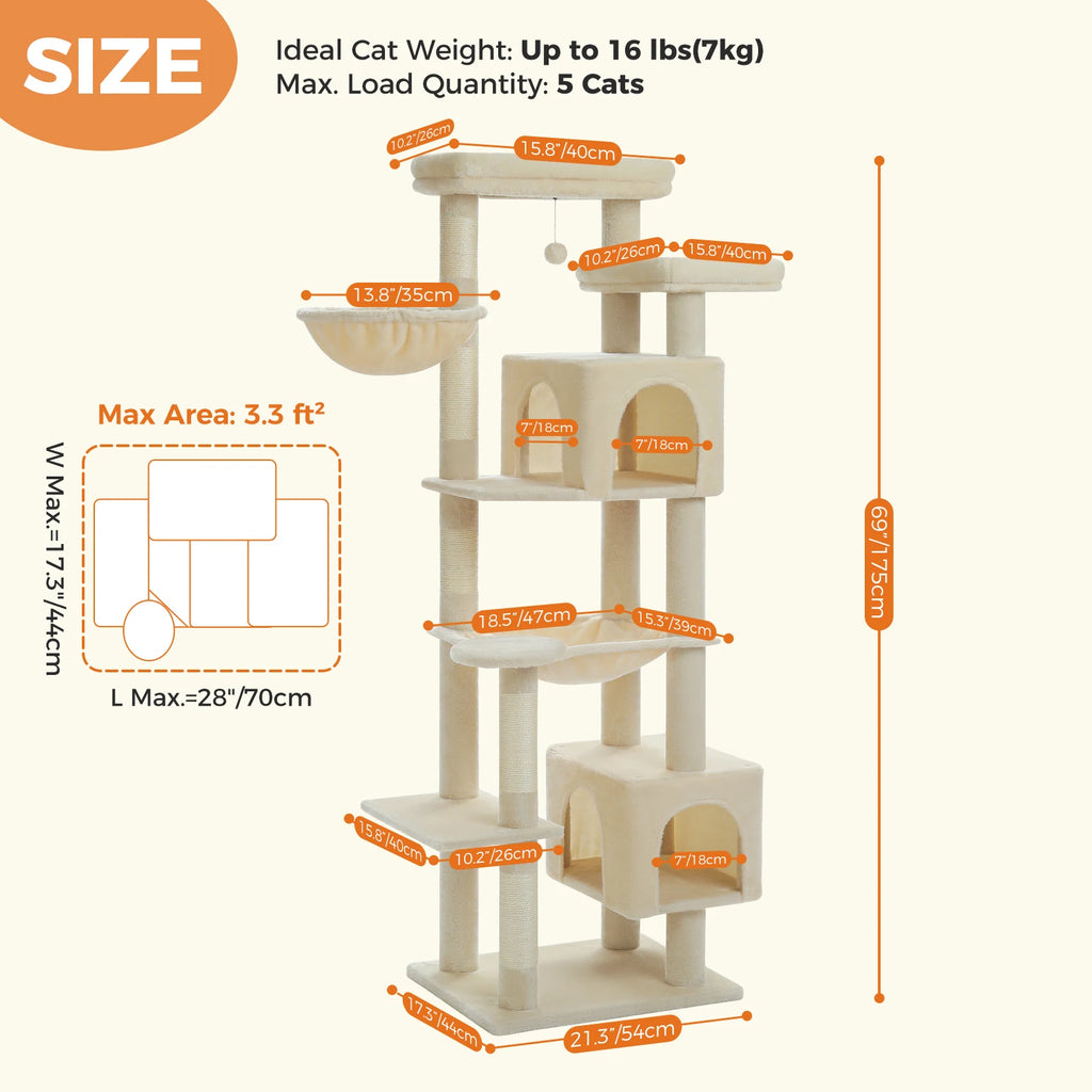 Tall Cat Tree, Multi-Level Tower with Super Large Hammock by Love My Pet